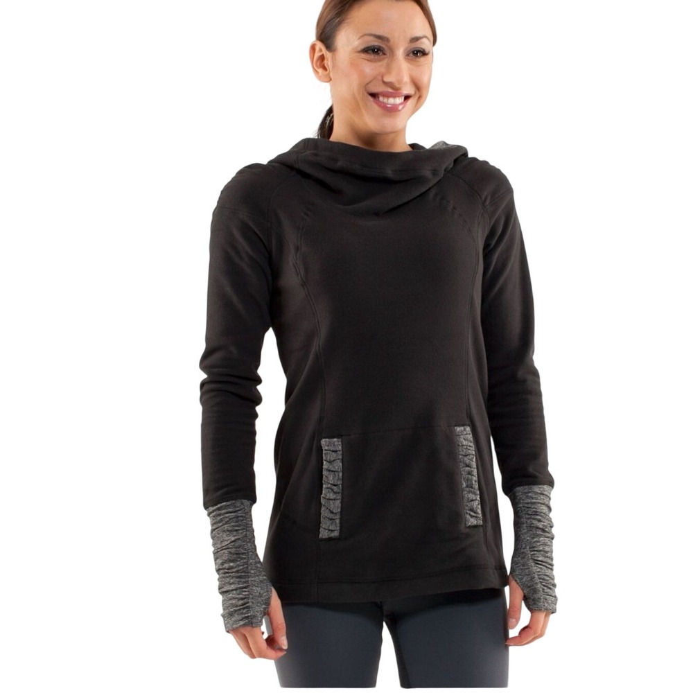 Lululemon Scuba Pullover Fleece Hoodie Black Gray Funnel Neck Ruched Cuffs